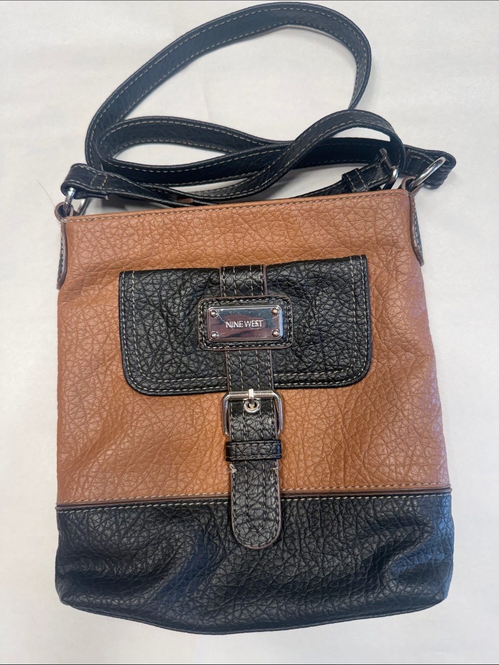 Nine West Brown and Black Faux Leather Crossbody Bag with Buckle Accent